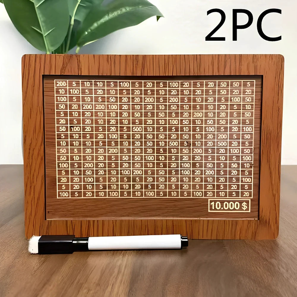 Wooden piggy bank with coin counter and side opening mechanism measuring 20cm