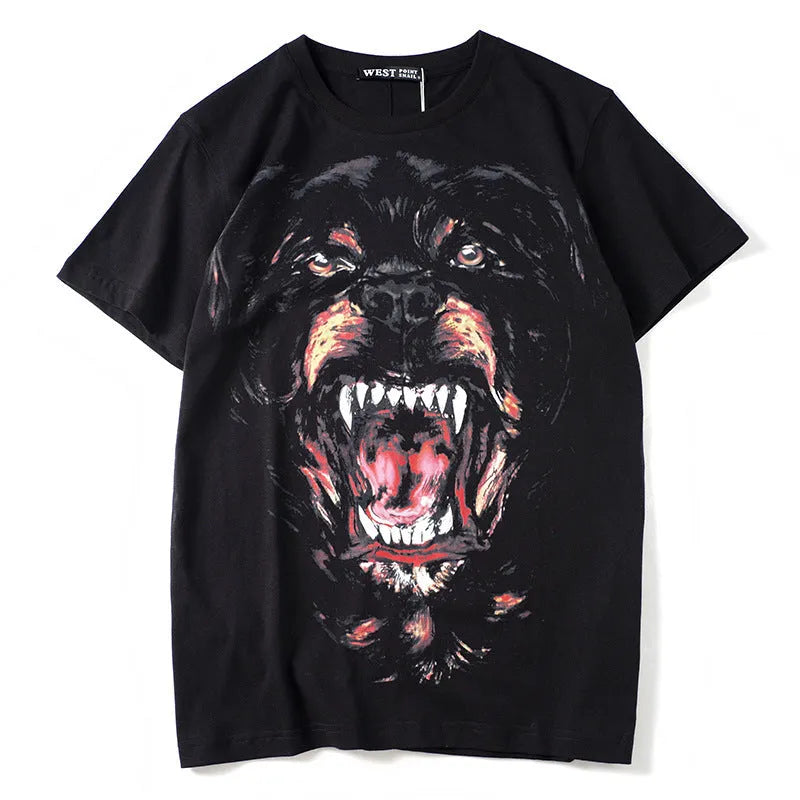 Black short-sleeved T-shirt with 3D printed big evil dog head, combed pure cotton, unisex sizes S to 2XL