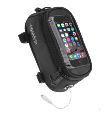ROSWHEEL bicycle frame bag in black showing mounting on bike frame with iPhone inside