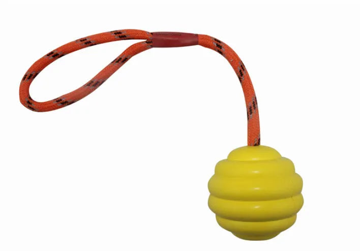 Rubber dog chew toy ball in assorted colours showing 6cm diameter and 30cm length