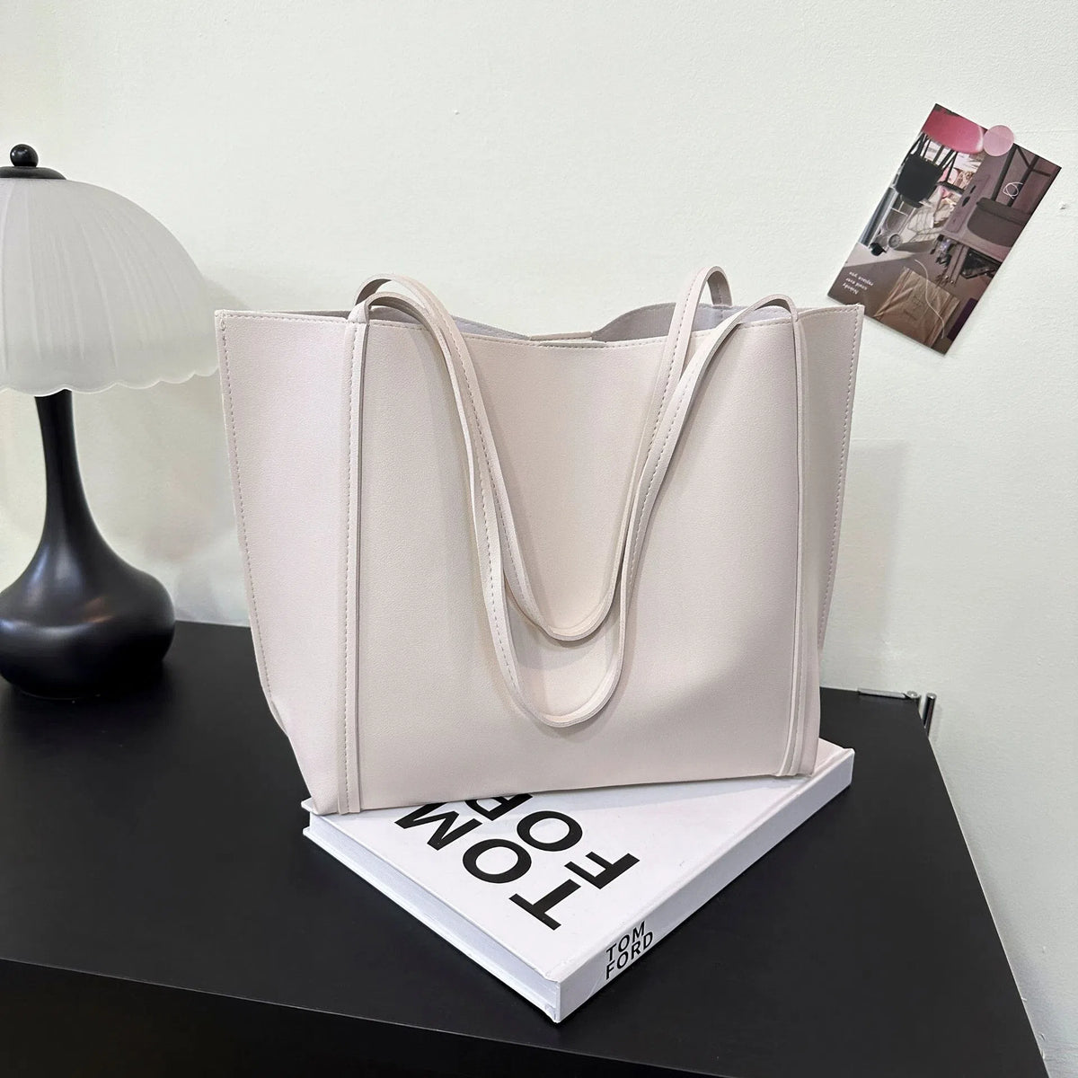Women's PU single shoulder bag, horizontal square, 44x11x29cm, with synthetic leather lining and stitching, in grey, coffee, black, white, khaki or light brown