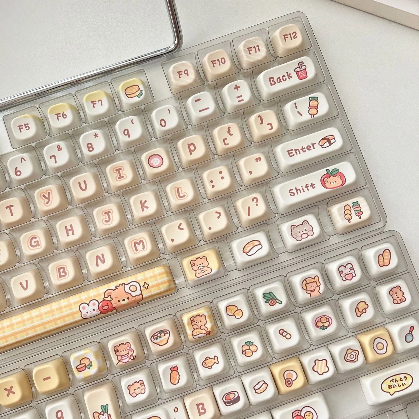 EOA height PBT keycap set with 140 pieces showing rabbit bear restaurant design applied through thermal sublimation process