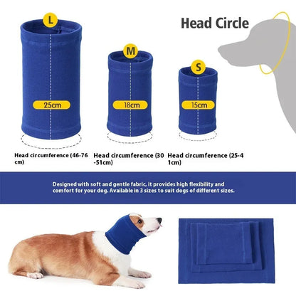A blue polyester headband scarf for a dog, shown on a medium-sized breed.