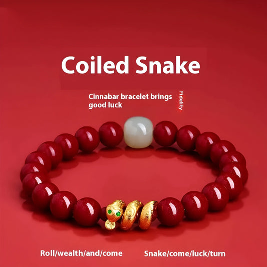 Traditional Chinese cinnabar snake year zodiac bracelet with handcrafted beads
