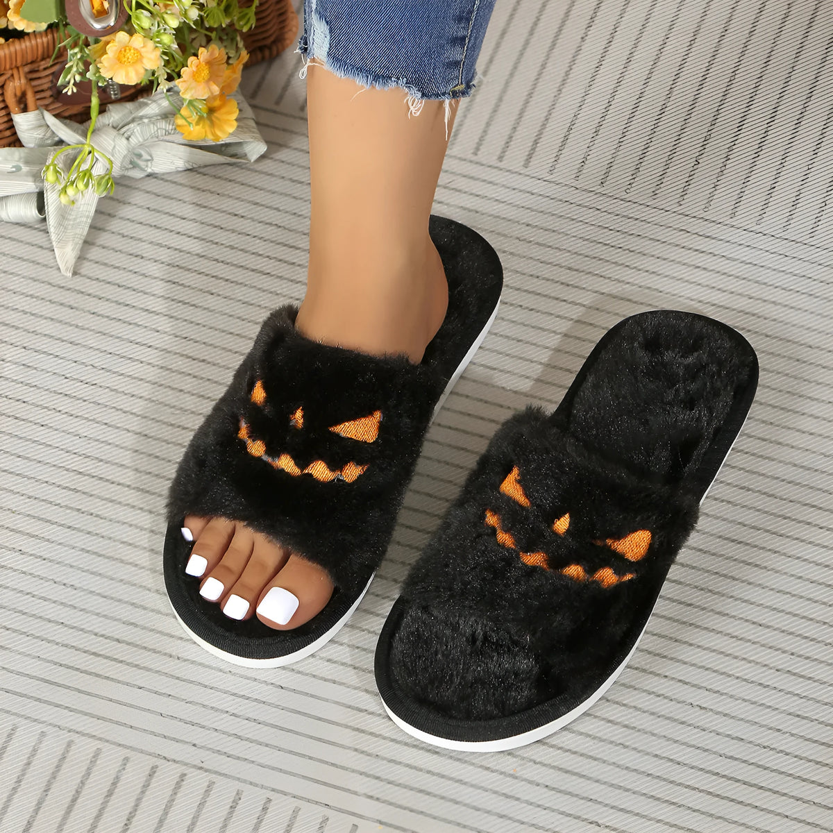 Plus size women's flat plush Halloween home slippers with artificial wool lining, TPR sole, toe ring design, purple orange black pink, sizes 35-44