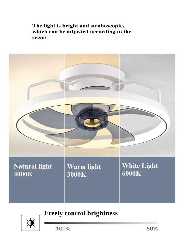 Simple Fashion modern ceiling fan with integrated light and white blades on a white ceiling.