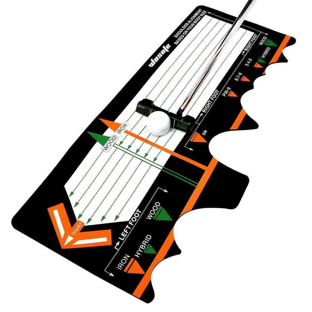 Black neoprene golf swing posture pad with directional markings on a green surface.