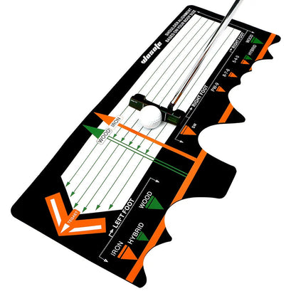 Black neoprene golf swing posture pad with directional markings on a green surface.
