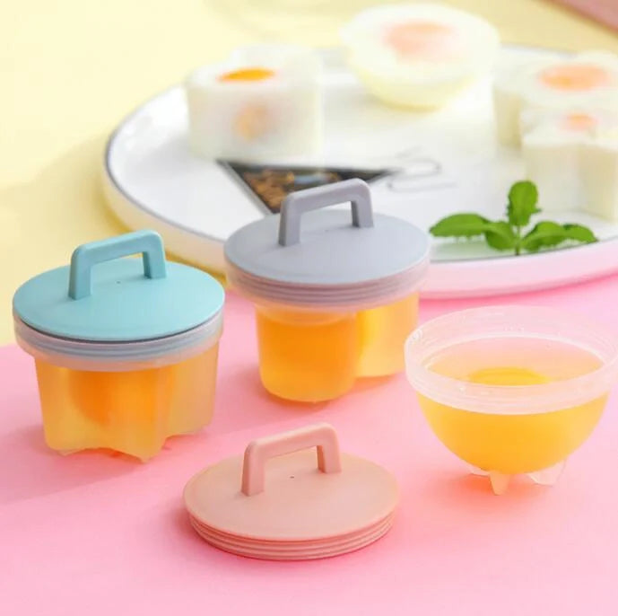 BPA-free multi-function egg cooker with four molds in gray, pink, and green