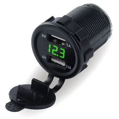 Motorcycle waterproof car charger with USB fast charging port and LED indicator lights