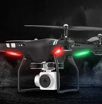 X52 UAV drone with protective frame in black colour, showing camera and bright night light