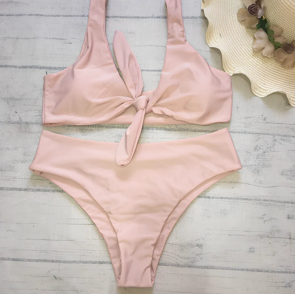 Women's solid colour polyester bikini set for swimming with European styling