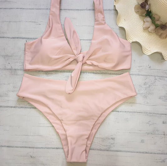 Women's solid colour polyester bikini set for swimming with European styling