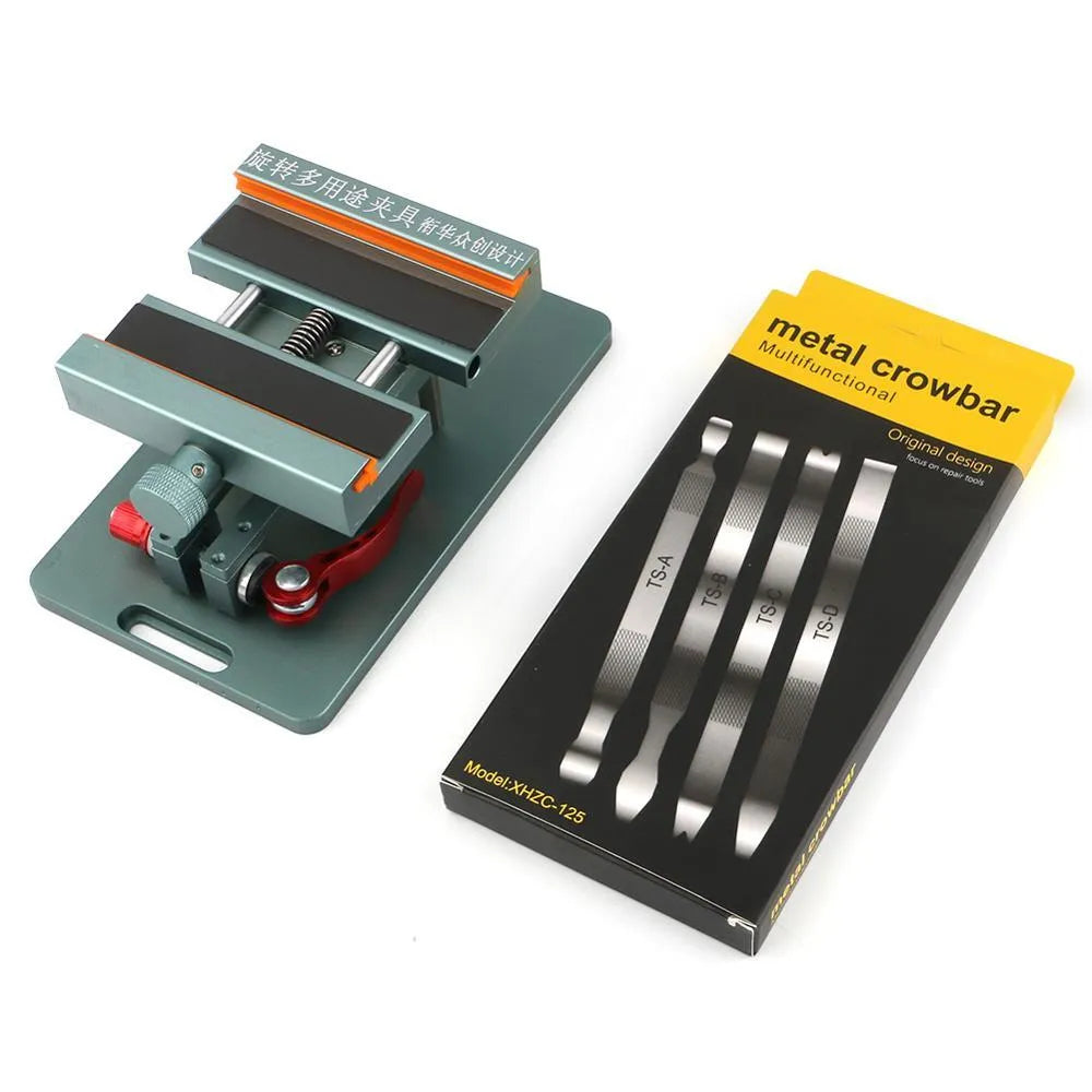 Mobile phone repair fixture with adjustable grip, silicone padding, and 360-degree rotation for rear cover removal