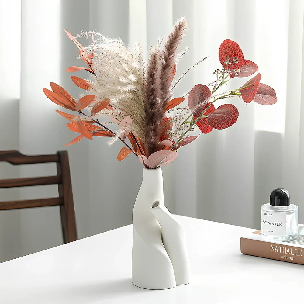 Nordic double shaped ceramic vase set in cream colour on wooden shelf, 20-25cm height for home decoration