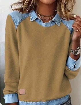 Denim collar long sleeve pullover with patchwork knitwear in street fashion style, available in multiple colours