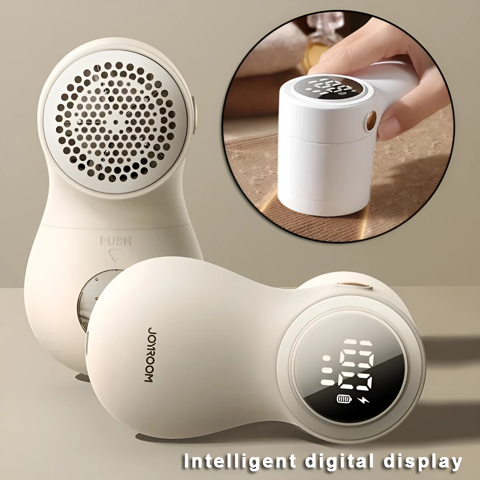 White electric lint remover with LED display showing fabric shaver dimensions 126x73x68mm