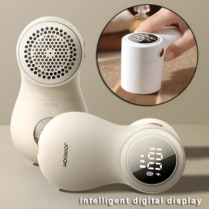 White electric lint remover with LED display showing fabric shaver dimensions 126x73x68mm