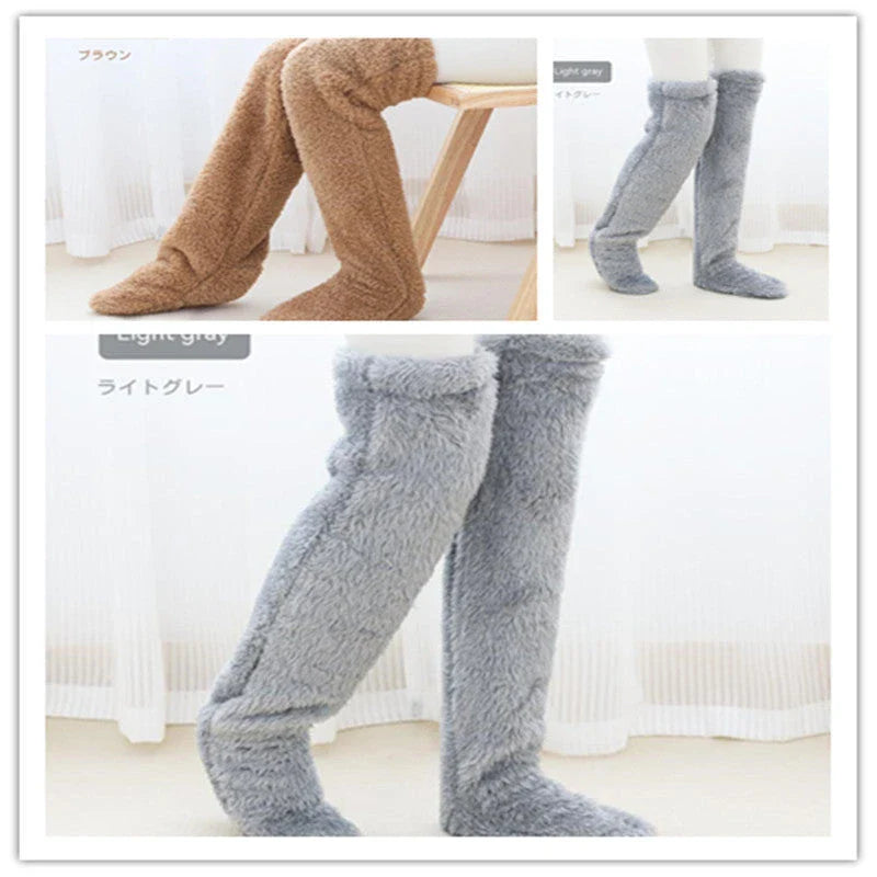Cozy over-the-knee fuzzy socks in various colors, including brown, blue, dark gray, pink, silver, and more. Comfortable cotton design for warm, snug legs.