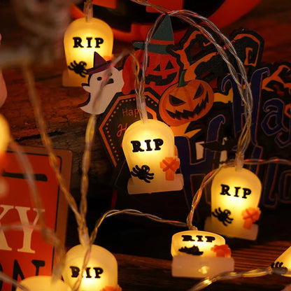 Warm glowing Halloween lighting chain with pumpkins, ghosts, and bats for indoor and outdoor decoration