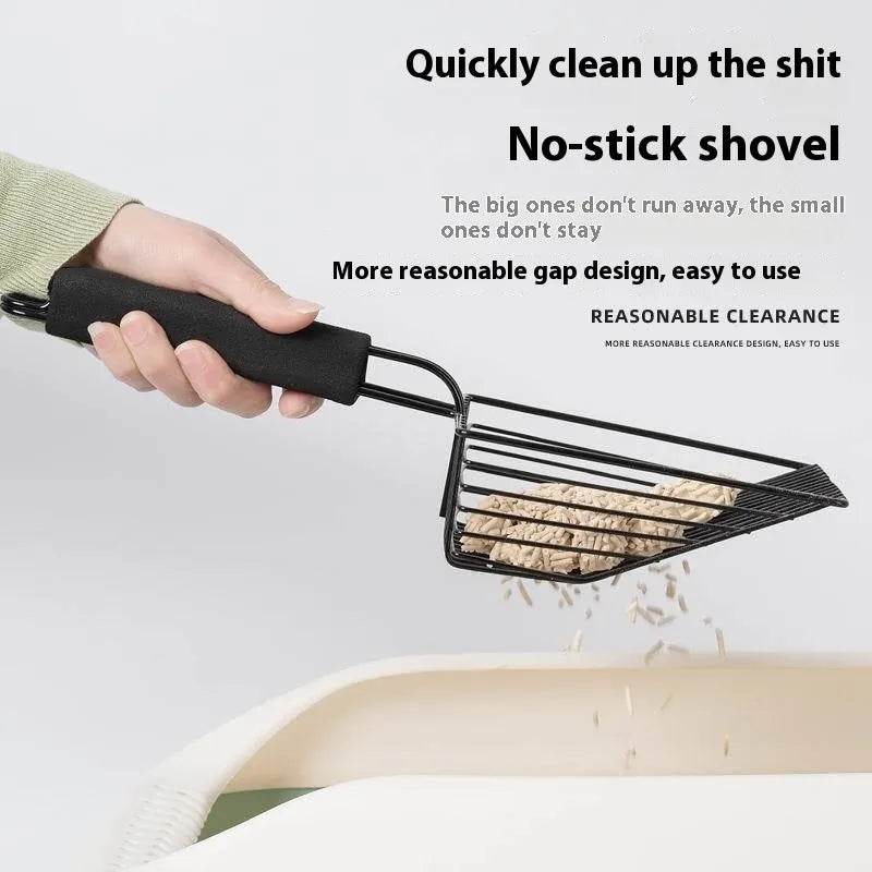Black metal cat litter scoop with long handle and fine sifting mesh.