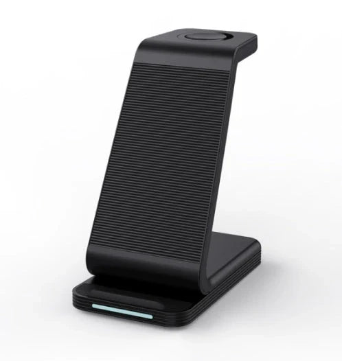 Sleek 3-in-1 wireless charging station with adjustable stand and foldable design for convenient desktop charging