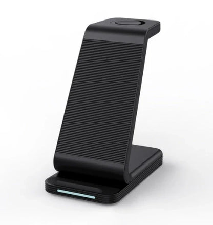Sleek 3-in-1 wireless charging station with adjustable stand and foldable design for convenient desktop charging