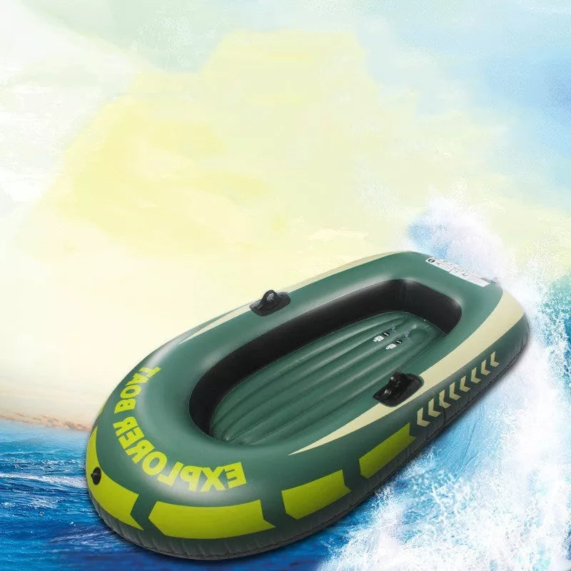 Small green PVC inflatable boat for fishing and rafting, durable and lightweight