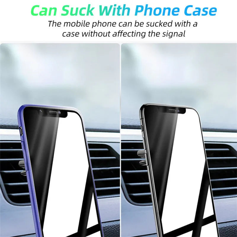 Black magnetic car phone holder attached to air vent with smartphone mounted and fragrance slices visible