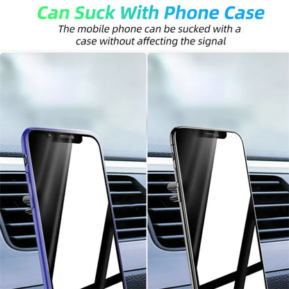 Black magnetic car phone holder attached to air vent with smartphone mounted and fragrance slices visible