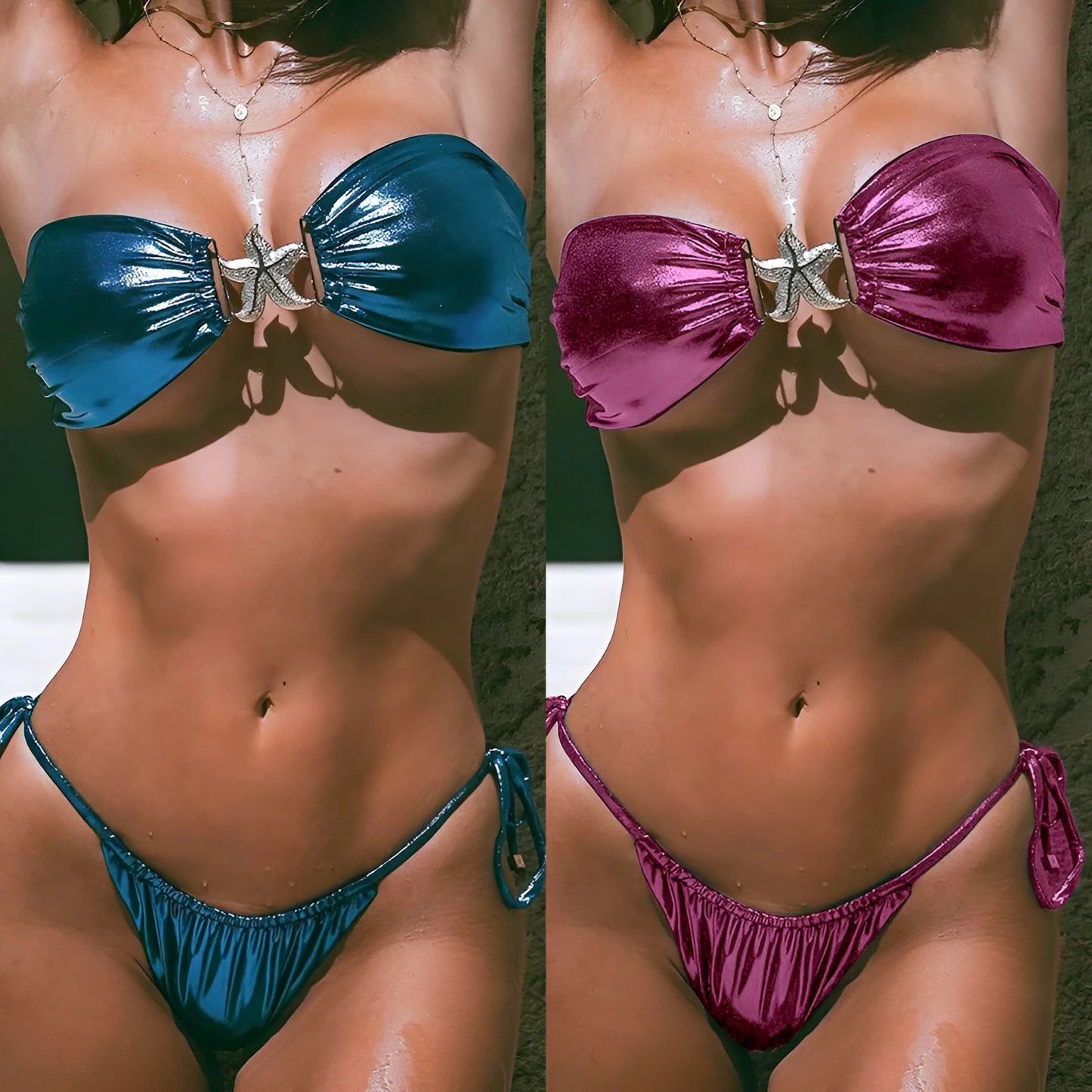Women's tube top split bikini in sapphire blue with glossy fabric and backless design for swimming