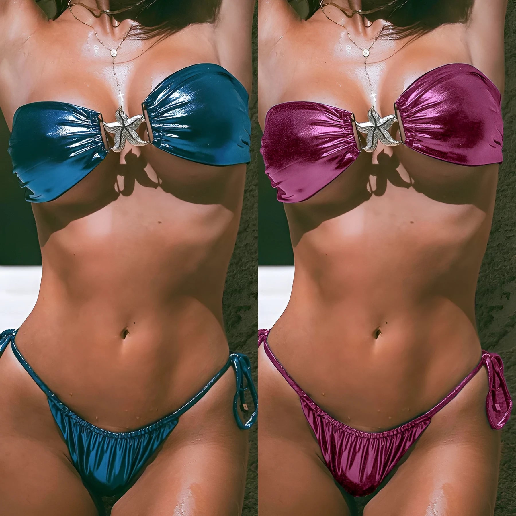 Women's tube top split bikini in sapphire blue with glossy fabric and backless design for swimming