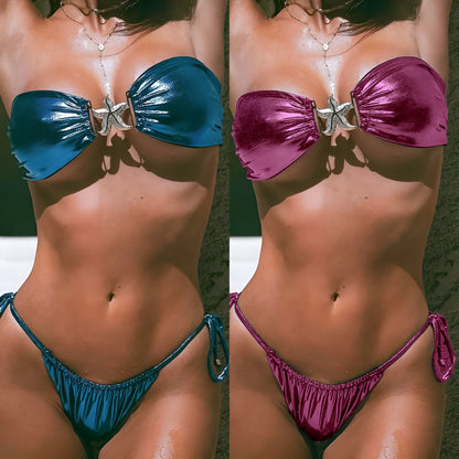 Women's tube top split bikini in sapphire blue with glossy fabric and backless design for swimming