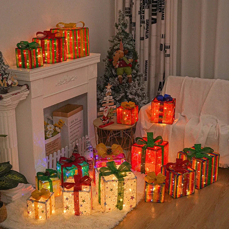 Lighted gift boxes with colorful LED lights and bows, perfect for Christmas tree, porch, and yard decorations