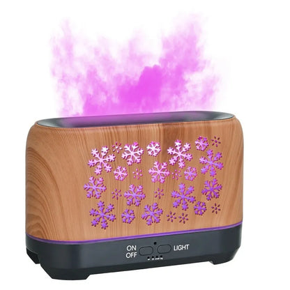 Square wood grain humidifier with colourful snowflake pattern and multicolour flame effect mist.
