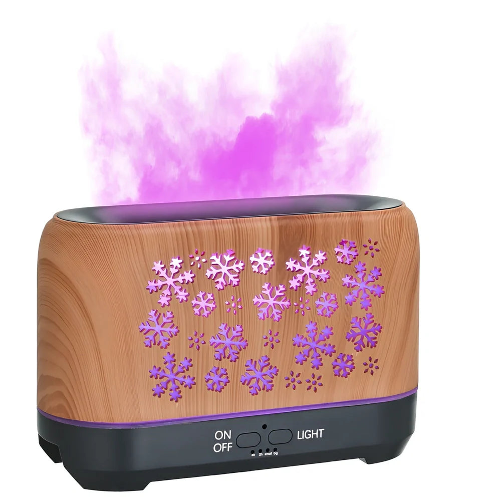 Square Christmas snowflake pattern humidifier with wood grain design and colourful flame lighting effect on desktop