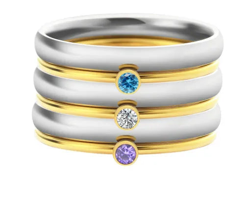 December colour birthstone engraved ring with titanium steel band and geometric shape, showing superimposed three-name design