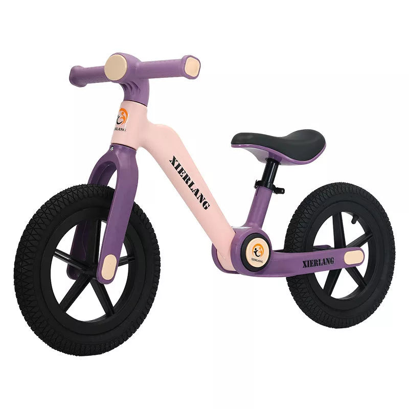 Foldable kids balance bike in grass green, light brown, or pink purple, sizes 12inch and 14inch