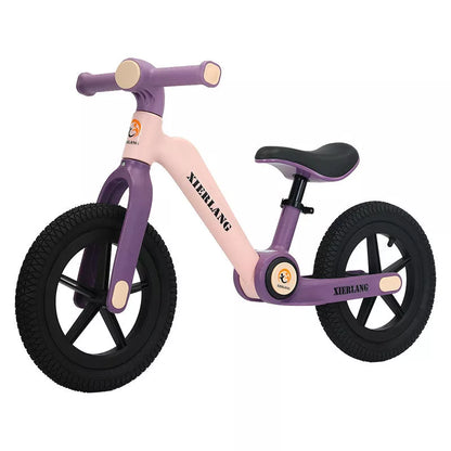 Foldable kids balance bike in grass green, light brown, or pink purple, sizes 12inch and 14inch