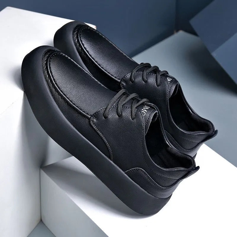Men's brown casual lace-up platform shoes with round toe and flat heel on a white background