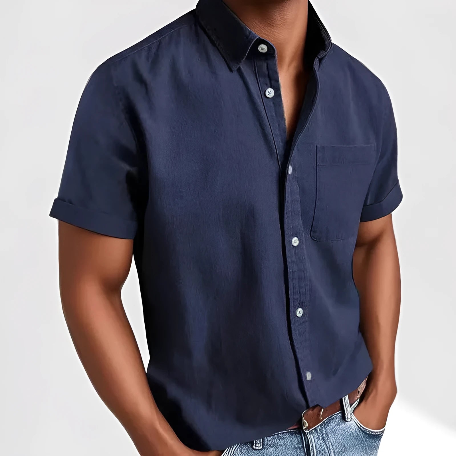 Men's loose fit single-breasted short sleeve shirt in a cotton blend fabric, shown in multiple colour options.