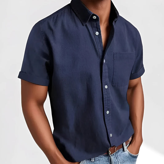 Men's loose fit single-breasted short sleeve shirt in a cotton blend fabric, shown in multiple colour options.