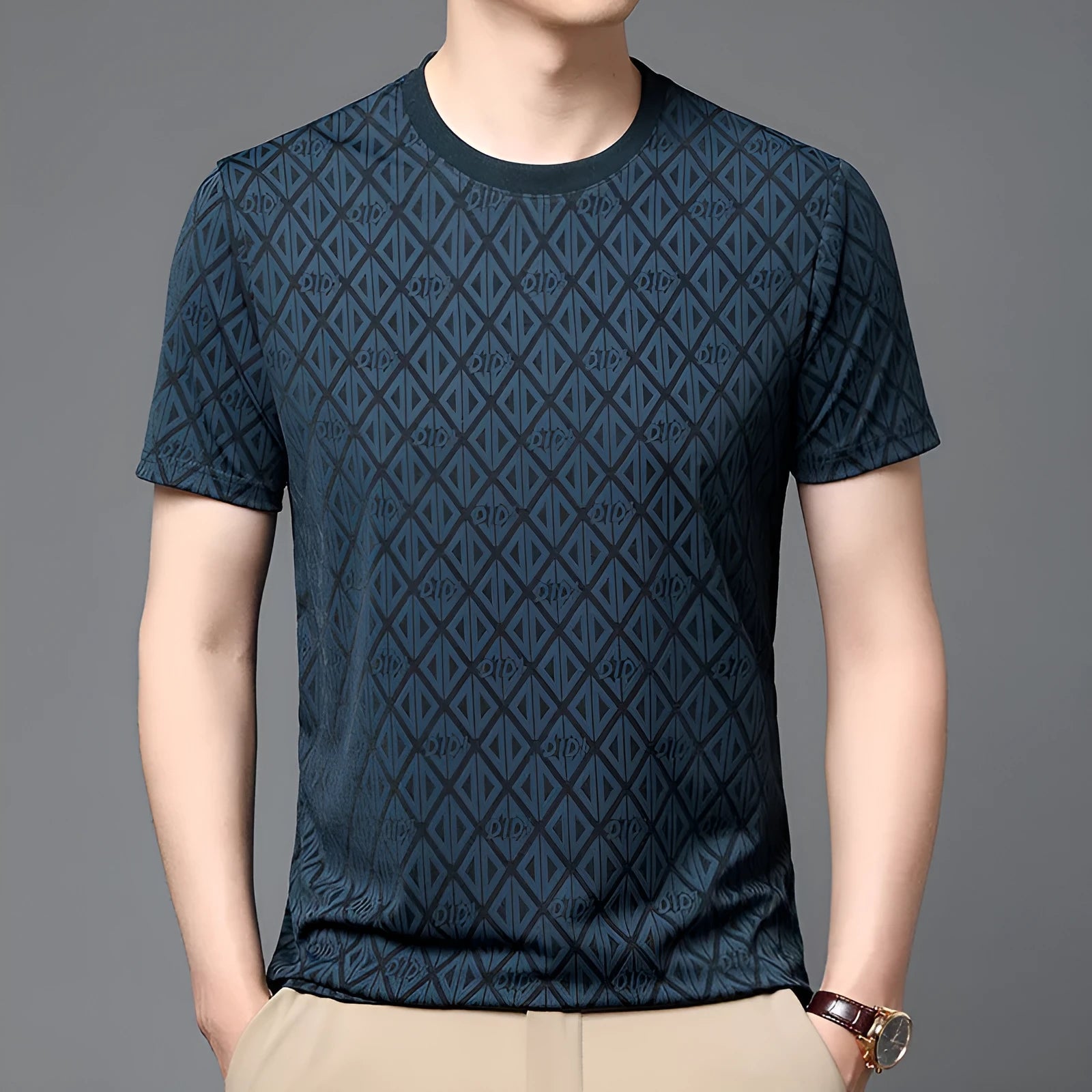 Men's black loose fit short sleeve t-shirt with round neck in ice silk jacquard fabric