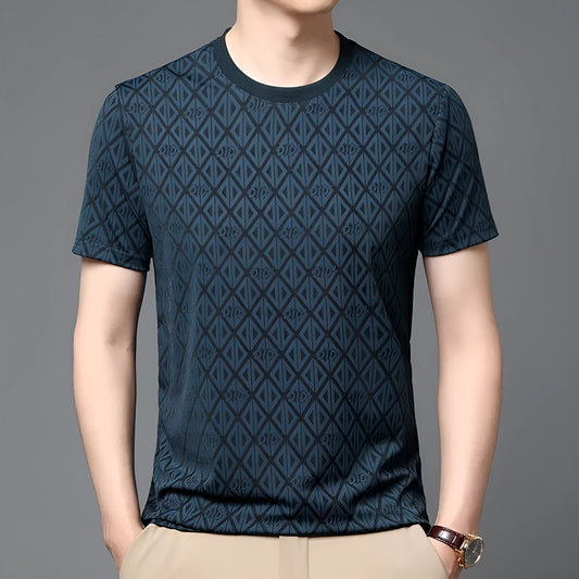 Men's black loose fit short sleeve t-shirt with round neck in ice silk jacquard fabric
