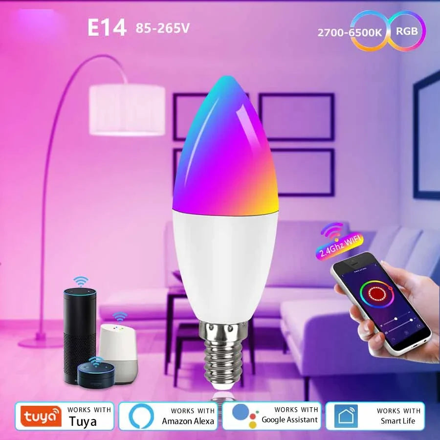Smart WiFi RGBCW dimmable LED bulb with voice control for home lighting and decor