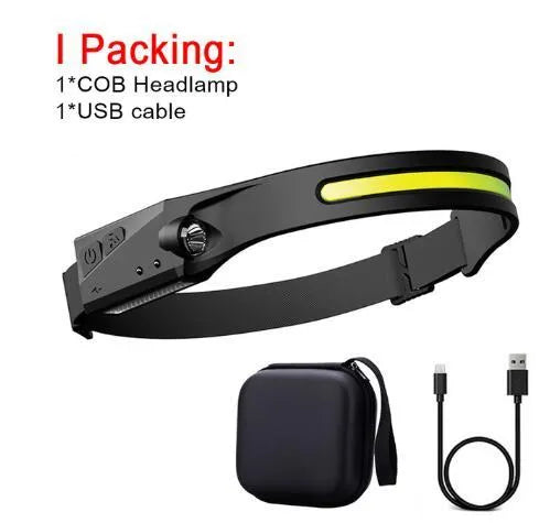 Black silicone USB rechargeable headlamp with a wide COB LED lens and a side wave sensor.