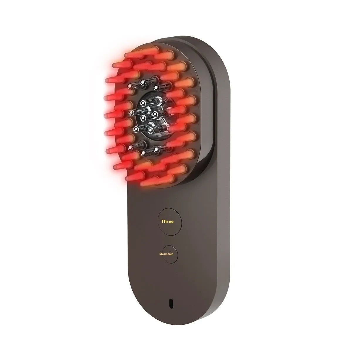 Compact pink and black smart scalp massage comb with red light therapy, shown next to a ruler for scale under 10cm.