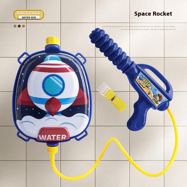 Children's backpack water gun with 1500ml capacity showing dinosaur character design and adjustable shoulder straps