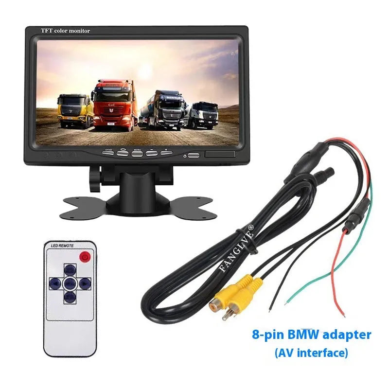 7-inch car monitor and reversing display with camera and video cable, TFT screen, ABS housing, desktop or rearview mirror fitting.