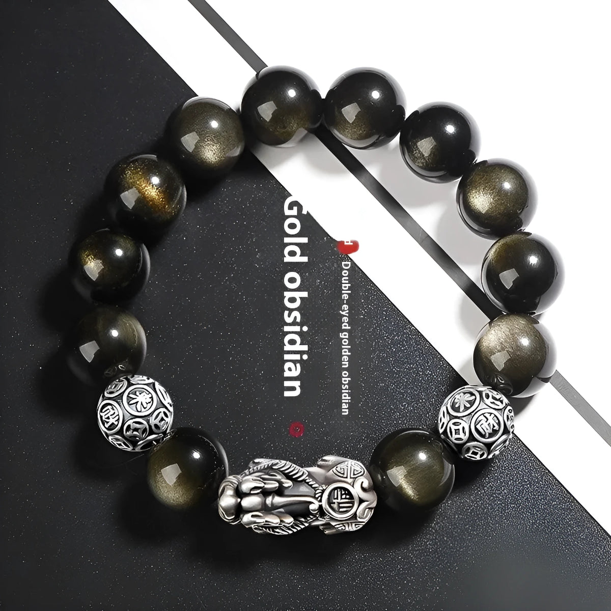 Men's geometric obsidian bracelet in polished sterling silver, shown in 12mm width size.
